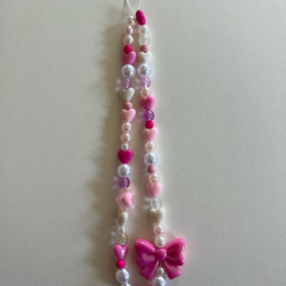 Large Pink Coquette Beaded Phone Charm with Bow and Hearts